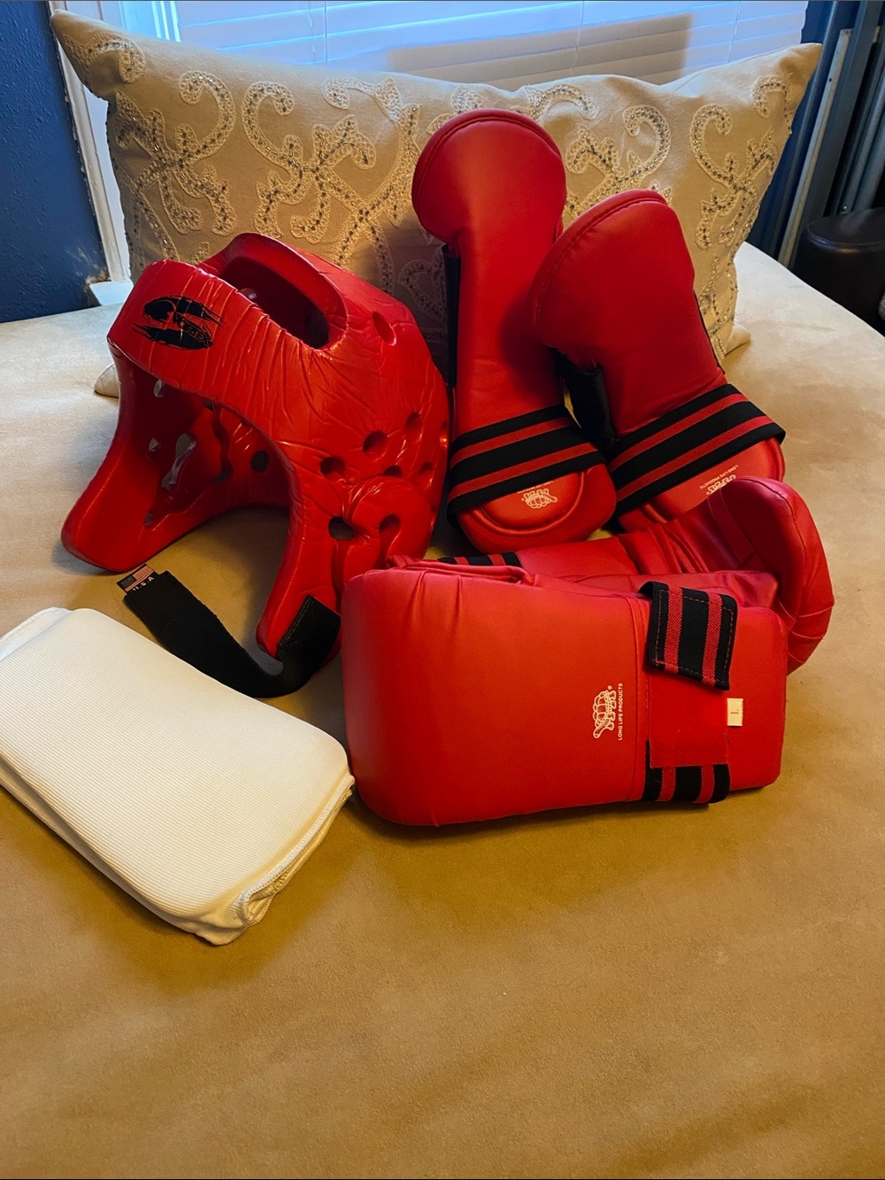 Red Martial Arts Sparring Gear Set - Headgear, Gloves, Shin/Forearm Guards